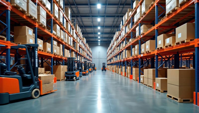 Modern distribution warehouse with rows of inventory