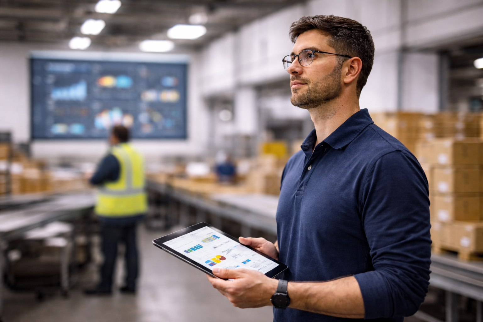 Operations manager reviewing KPIs and workflows